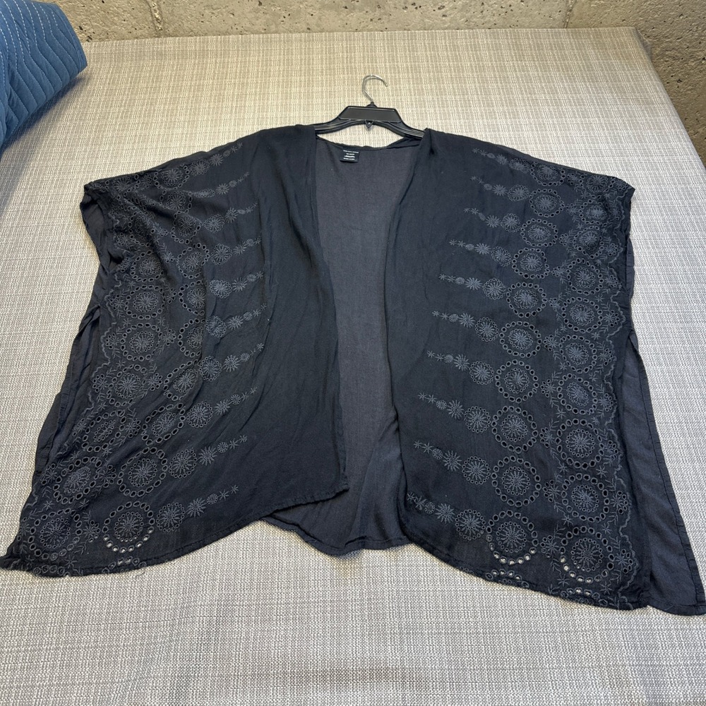 Boho Black Eyelet Embroidered Kimono Wrap Cardigan Sheer One Size Saks Fifth Ave
